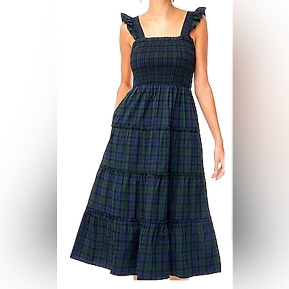 J.Crew Cotton Poplin Smocked Tiered Midi Dress Green Navy Black Plaid Sz Small